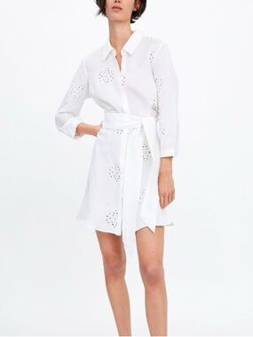 Zara off white eyelet lace dress with tie waist, size XS